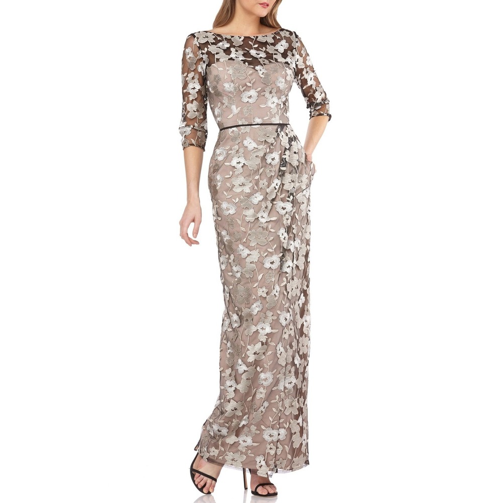 JS Collection Floral‎ Embroidered Evening Long Dress Womens 6 Oyster Black NEW